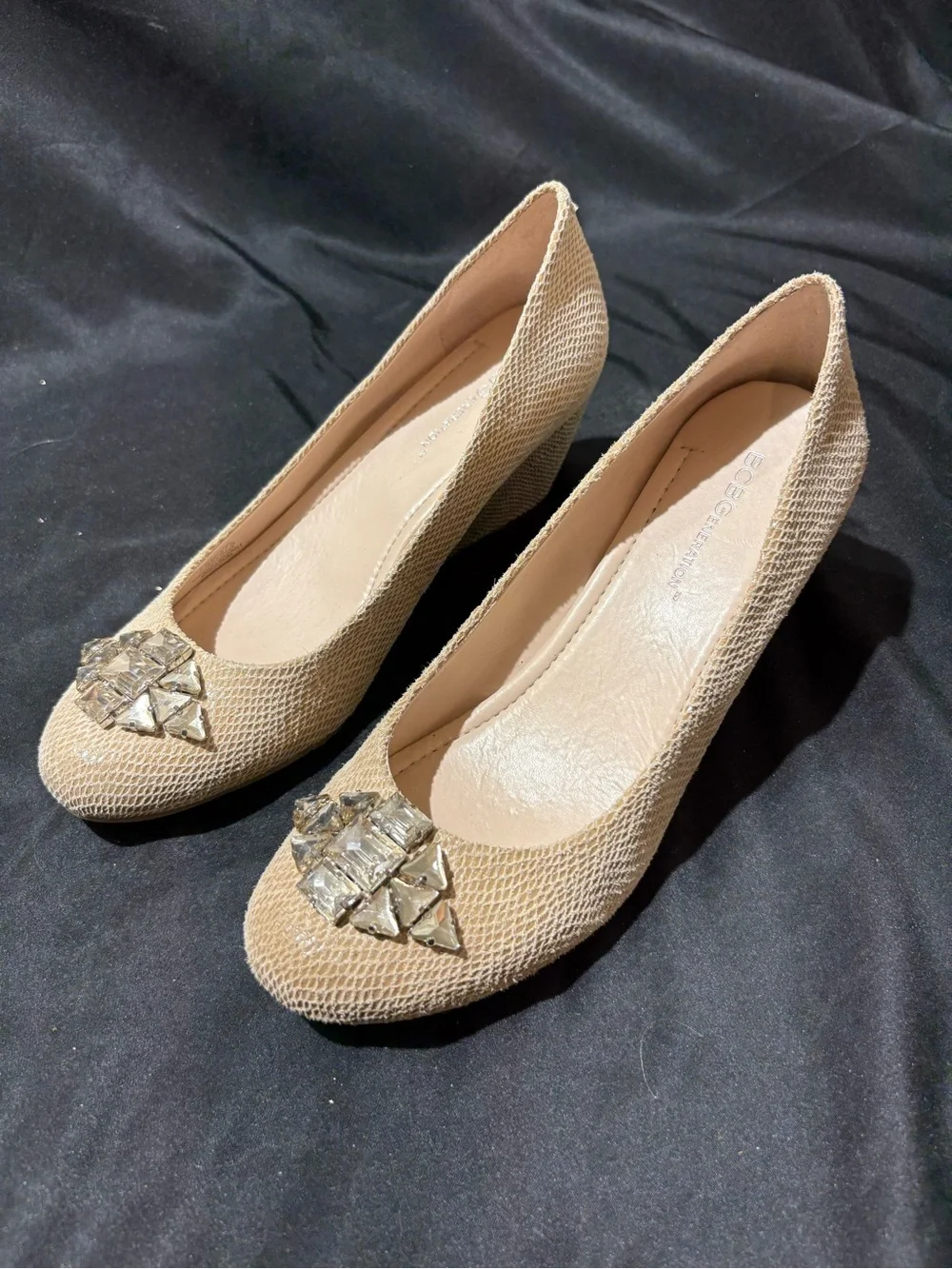 BCBGeneration Beige Jewel-Toe Wedge Pumps
